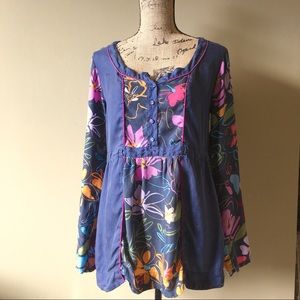 Johnny Was navy silk floral tunic with pockets